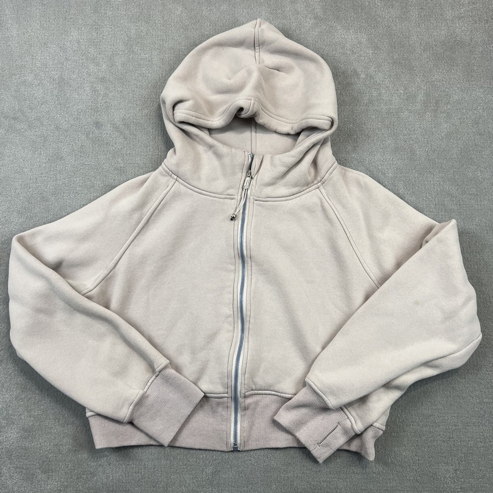 Trendy Queen Hoodie Womens Large Tan Beige Full Zip Cropped Fleece Sweatshirt L